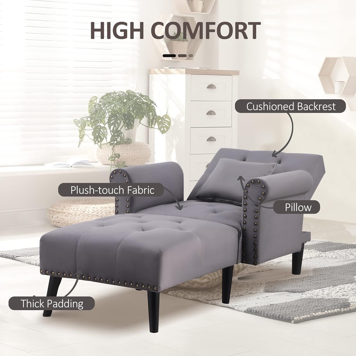 HOMCOM 2-in-1 Chaise Lounge Indoor with Rolled Armrest, Nailhead Trim and Button Tufting, Adjustable Velvet Fabric Upholstered Sofa for Bedroom and Living Room, Grey : Home & Kitchen