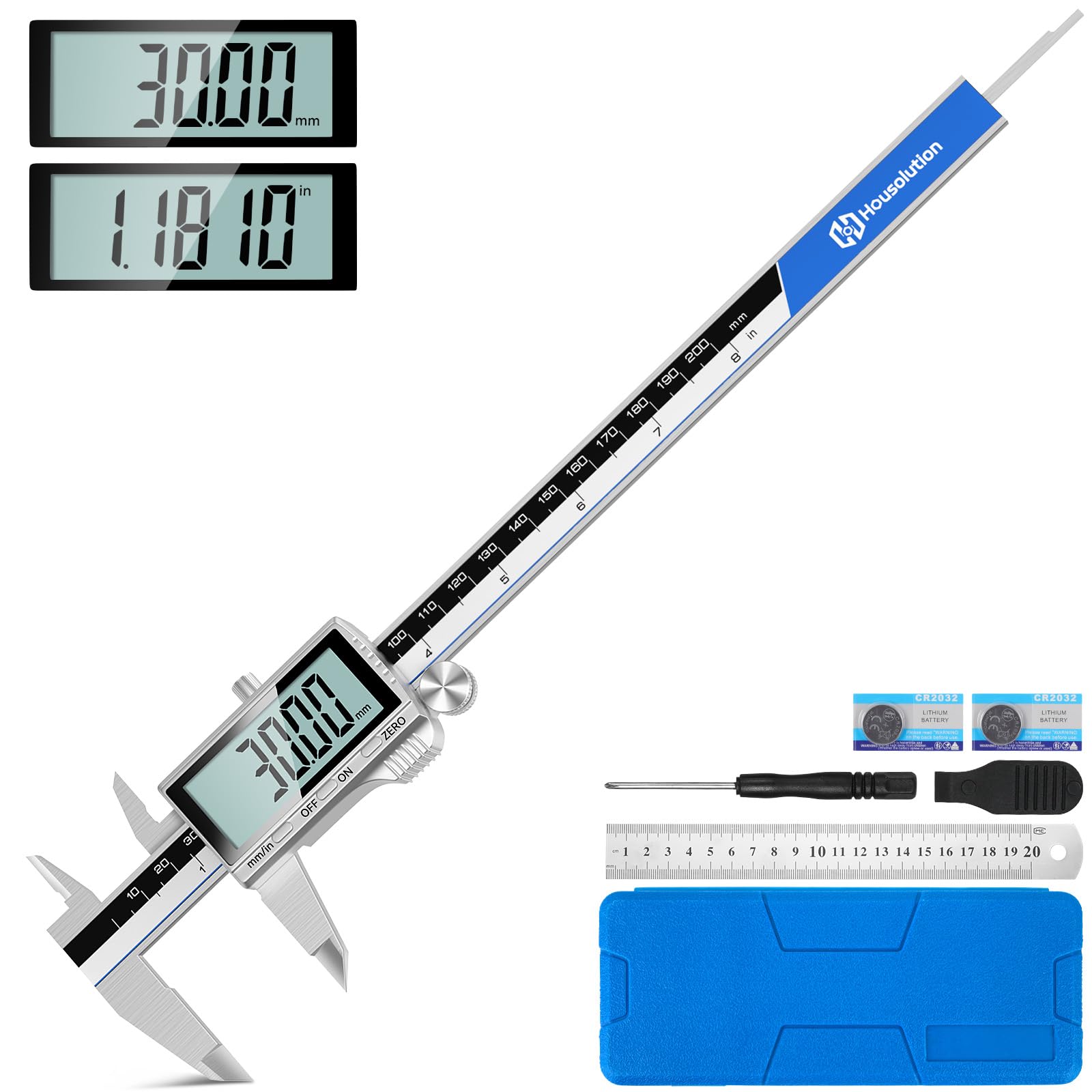 Housolution Pied à Coulisse Numérique, Outil de Mesure 8" avec Grand LCD | Commutation Pouces/MM, 4 Modes de Mesure, Micromètre en Acier Inoxidable avec Écran Éclaboussures pour Menuisiers