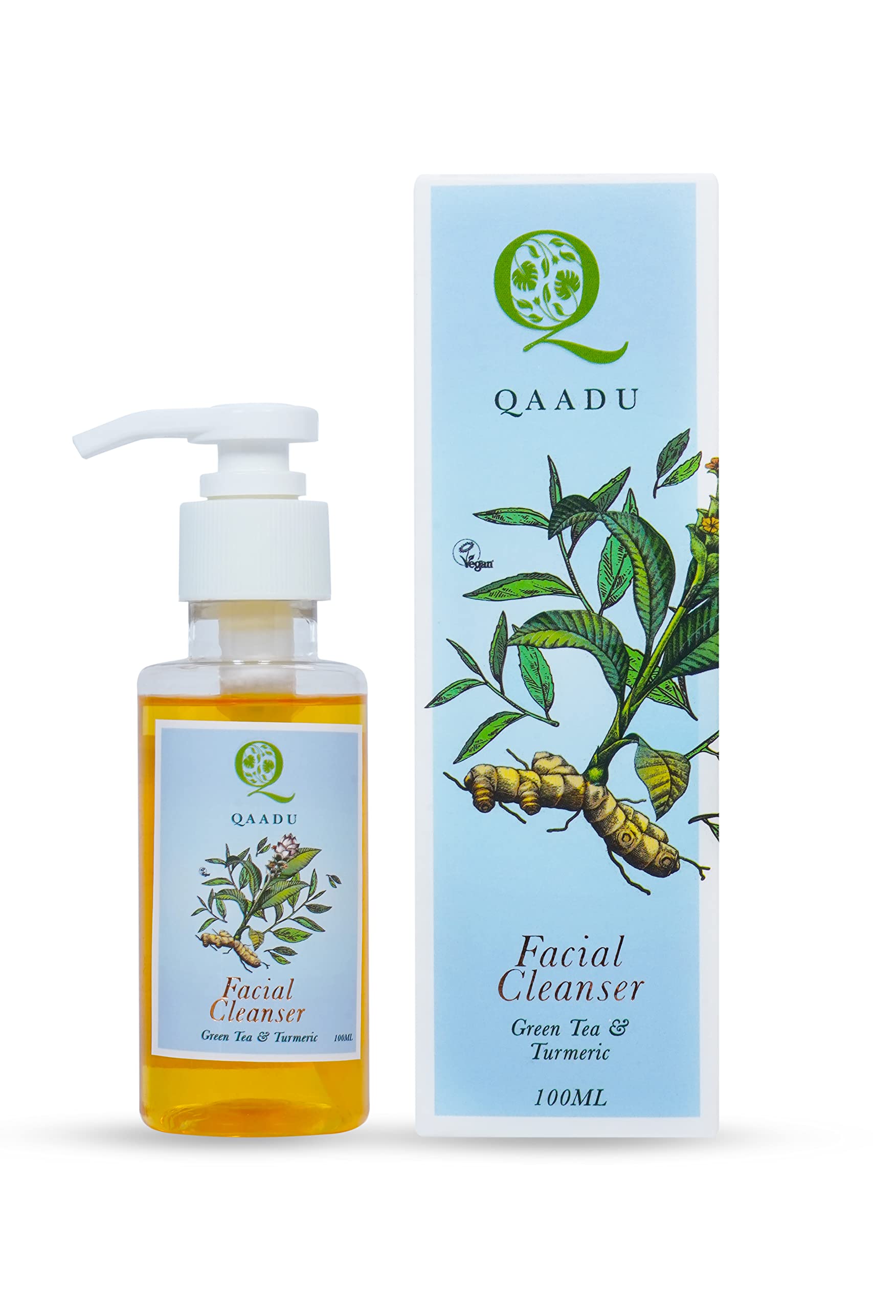 QAADU Facial Wash with Green Tea, Turmeric, Vitamins A & E | Vegan, Mild & Refreshing Face Cleanser, Suitable for all skin types, Anti Inflammatory and hydrating properties | 100ml |