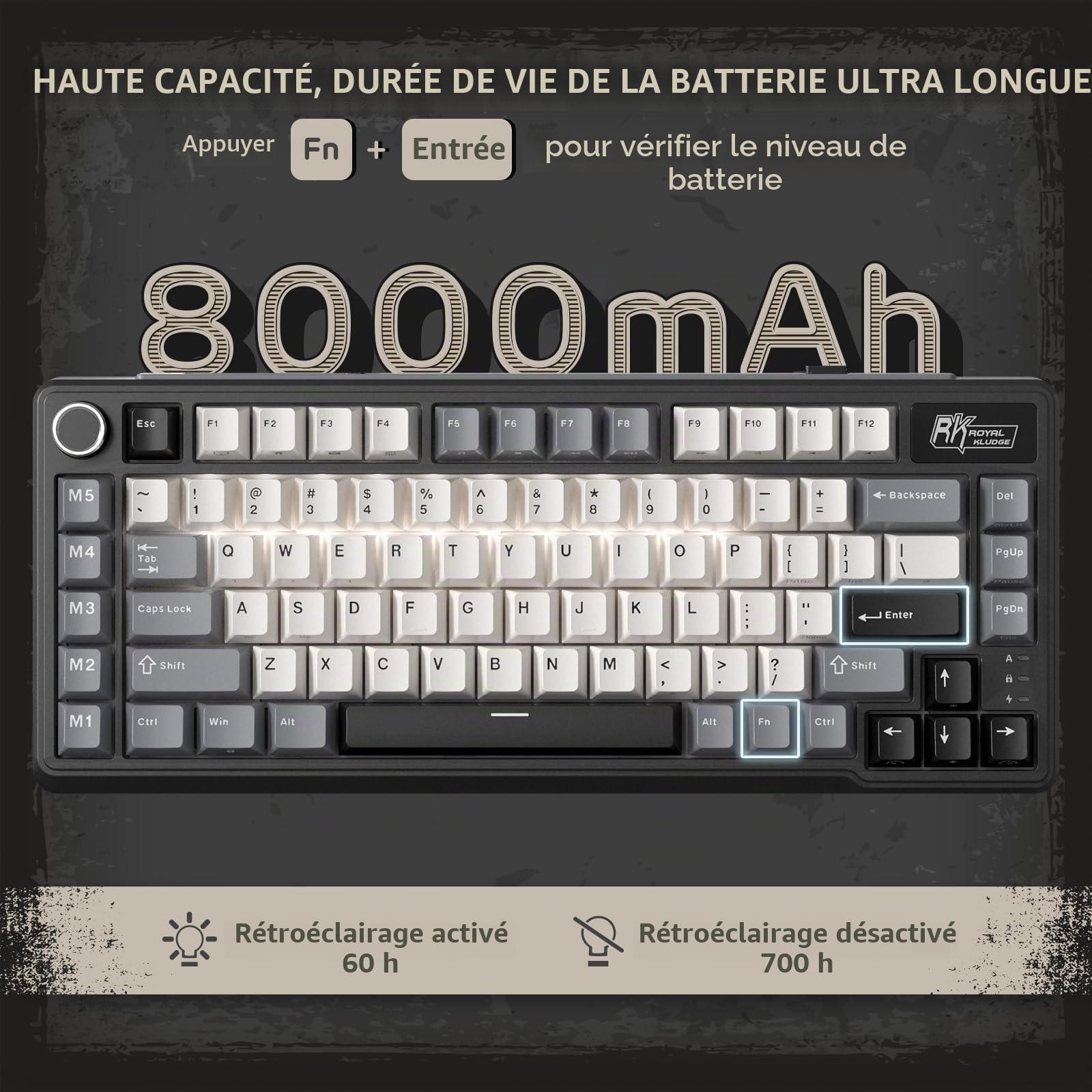 RK ROYAL KLUDGE L75 Joint sans Fil RGB Clavier de Jeu mécanique avec Bouton | 75% TKL Clavier BT/2.4G/USB-C touches macro plaque signalétique tactile, batterie 8000mAh, remplacement chaud, touches PBT