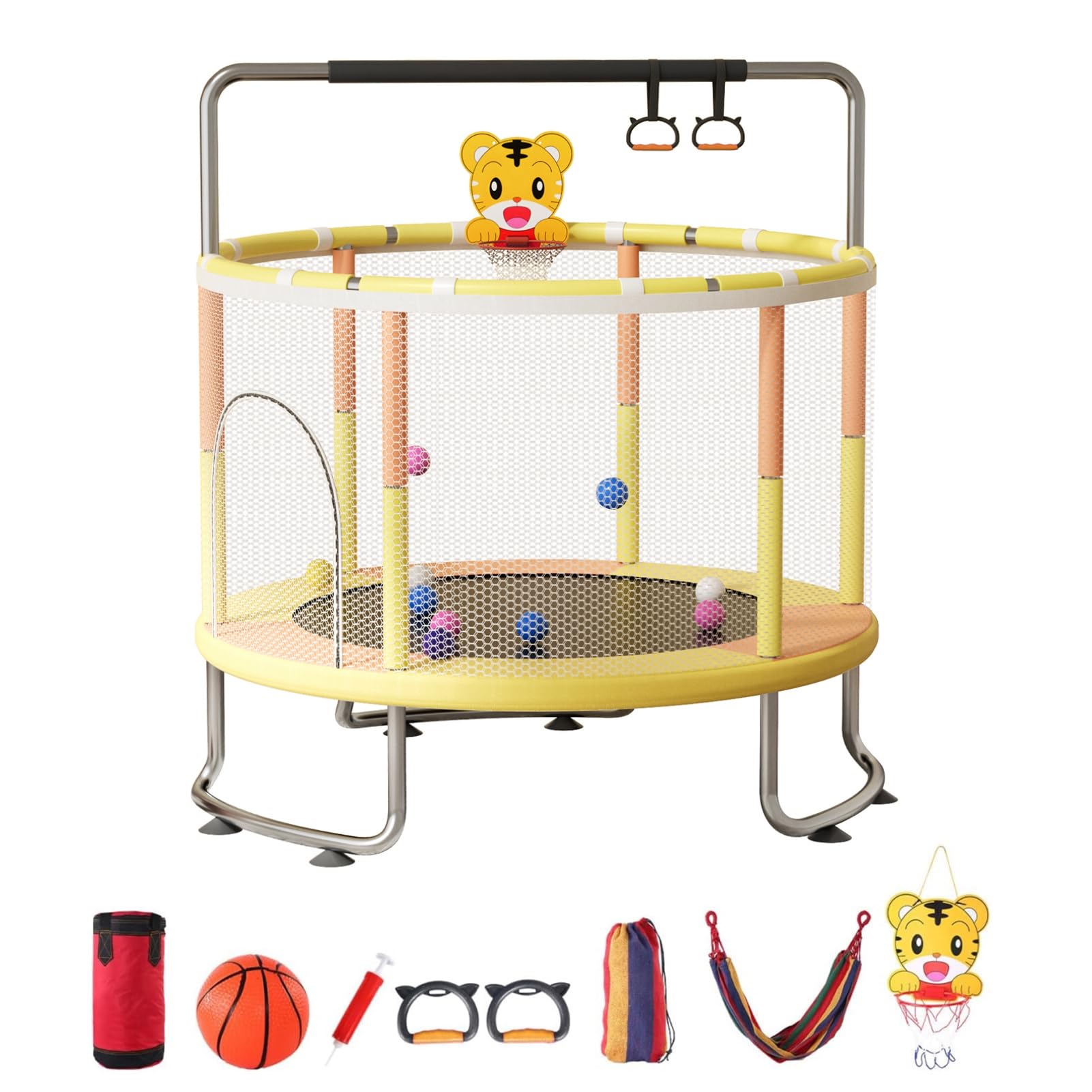 yulewiix 5FT Kids Trampoline with Enclosure Net, 440lbs Toddler Trampoline Indoor Outdoor with Adjustable Gym Bar, Basketball Hoop, Swing, Ocean Balls, Sandbag for Boys Girls Orange Yellow 150CM
