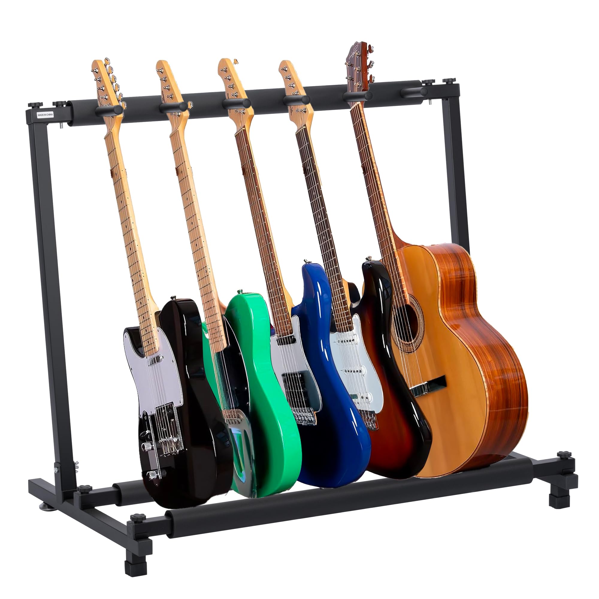 Soporte Guitarra de suelo para 5 instrumentos | Rack plegable universal para guitarra eléctrica, acústica o bajo | Estructura metálica resistente con protección de espuma y montaje sin herramientas