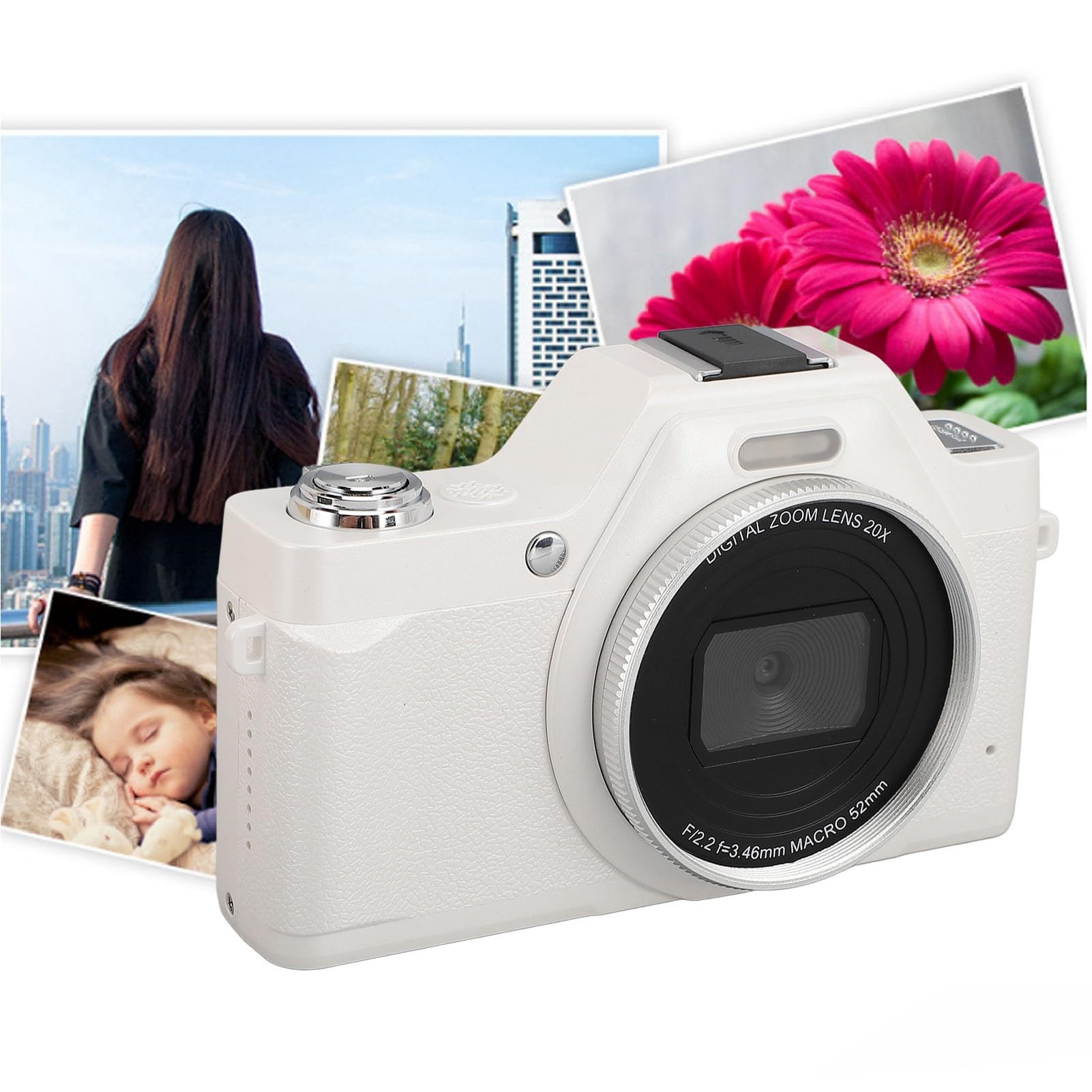 Cámara Digital, Cámara de Vlogging UHD 58MP 4K con Enfoque Automático, Cámara de Zoom 20X para Apuntar y Disparar para Fotografía, Cámara Compacta Antivibración con Flash (White)