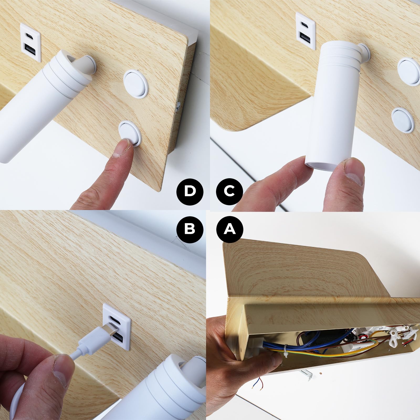 Alpinaluz Aplique de Pared con Foco Derecho, Luz LED de Lectura y Ambiente 2700K, USB-C y USB-A, Repisa para Móvil, Acero con Acabado Madera Clara, Doble Interruptor para Dormitorio Cabecero