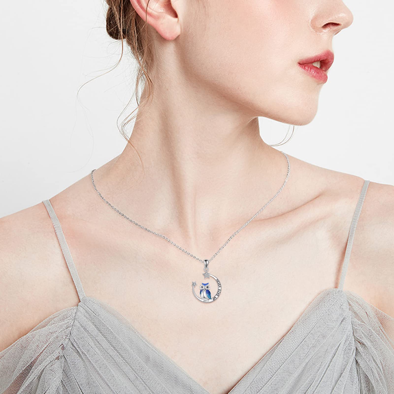 YFN Owl eulen Halskette Inspirierender Schmuck Sterling Silber Geben Sie niemals auf Eulengeschenke Moon Star Halskette für Frauen Girlsr (Blue)