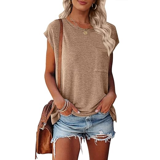 MEROKEETY Women's Casual Cap Sleeve T Shirts Basic Summer Tops Loose Solid Color Blouse, Khaki, Medium