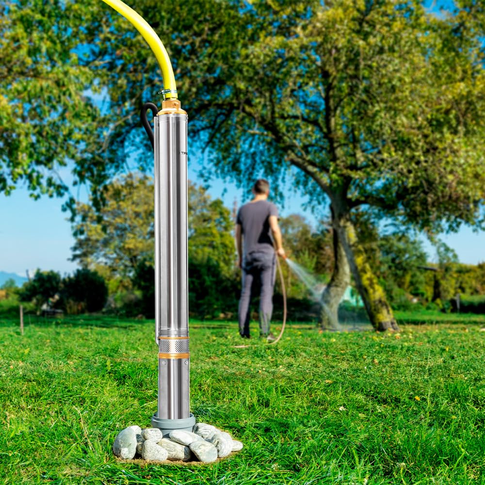 TROTEC Pompe de puits profonde TDP 7501 E - Pompe à eau avec débit 6000 l/h, 1100 W - Hauteur de refoulement 90 m, ø 8,6 cm, IP68 pour pompe, pompe en acier inoxydable
