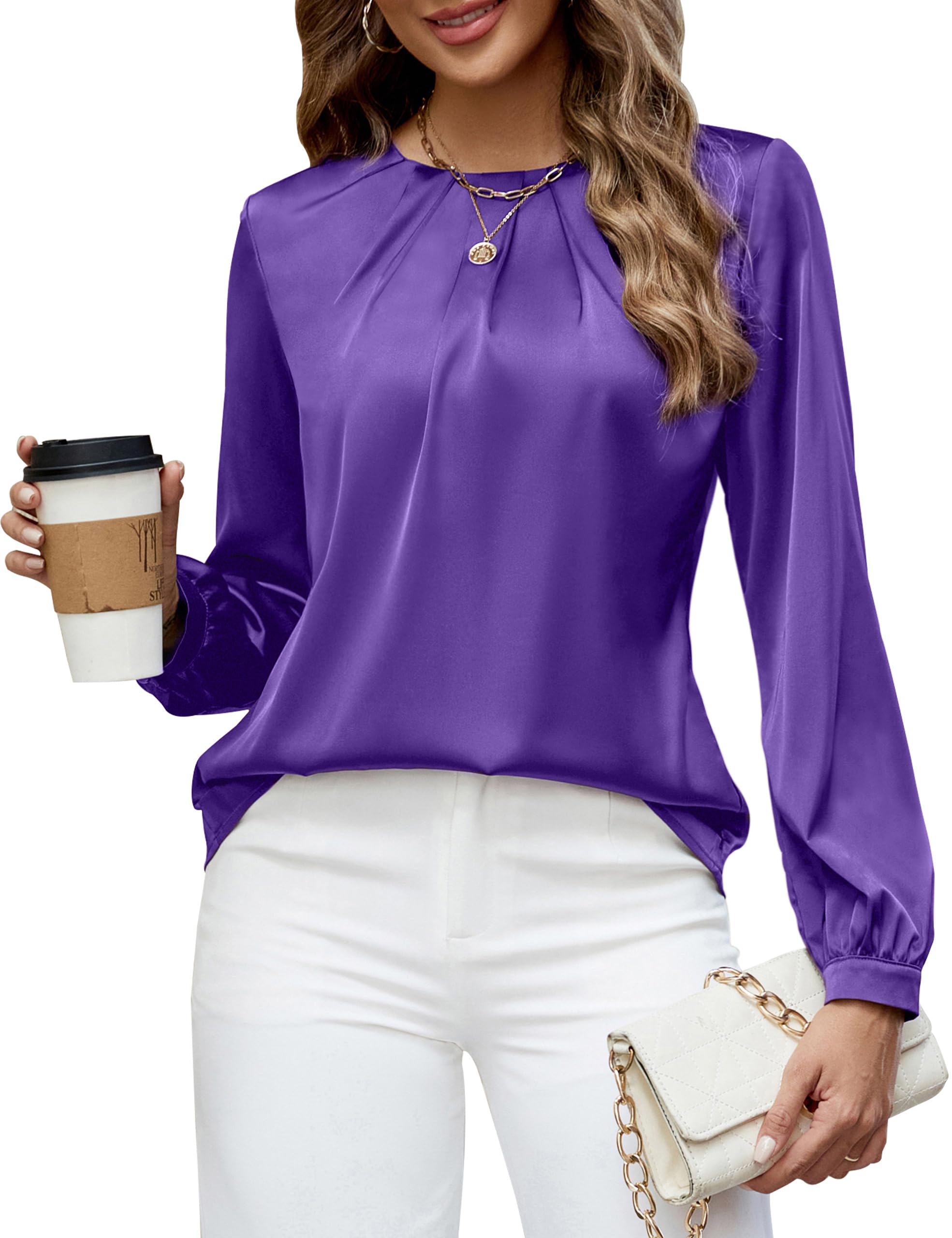 Blooming Jelly Womens Dressy Business Casual Blouse Pleated Long Sleeve Tops Satin Silk Work Shirt Fall Outfits 2025