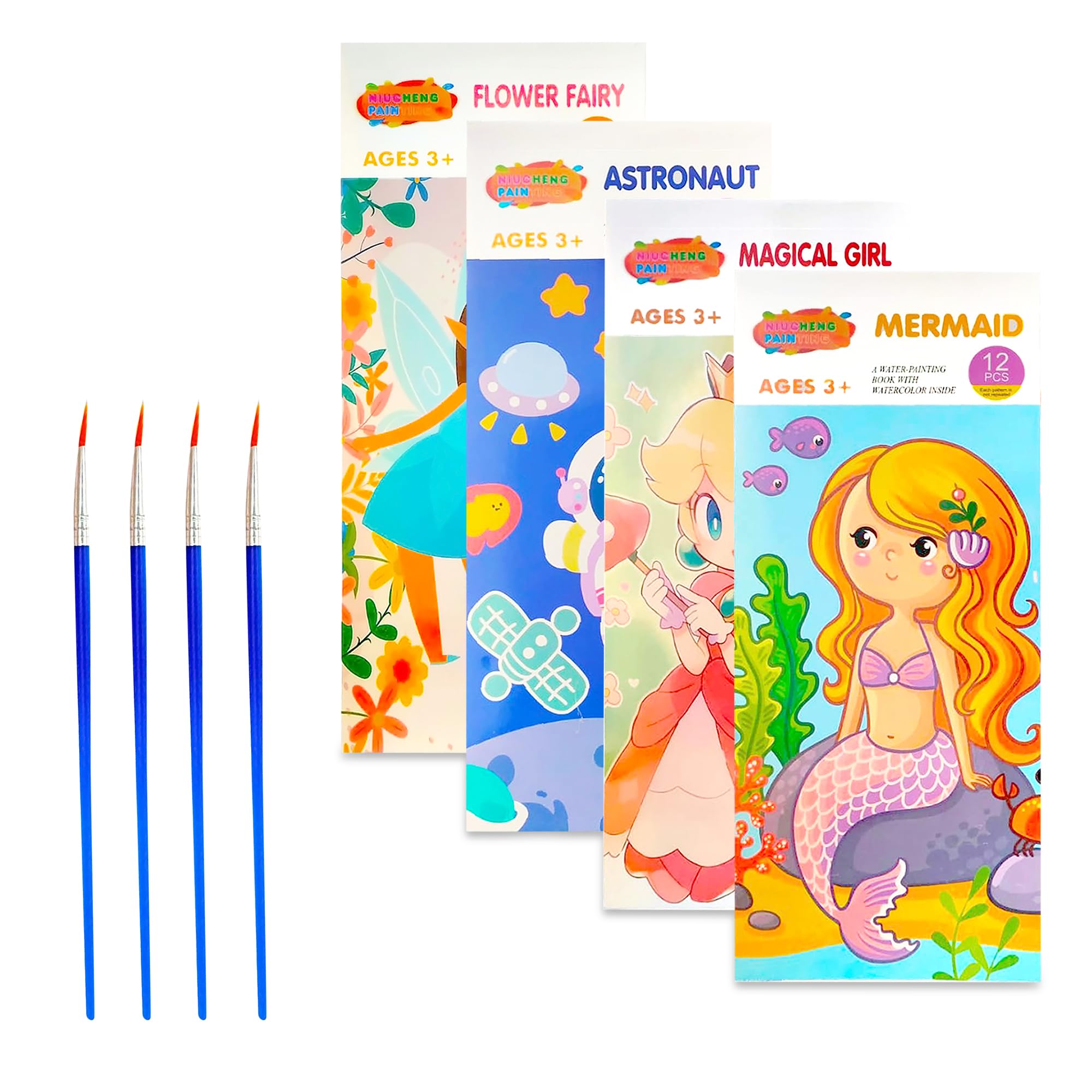 GLUN® Pack of 4, Watercolour Painting Notepad for Kids 12 Different Pages Each Book, Water Painting Book with Water Colour with Painting Brush, Different Theme