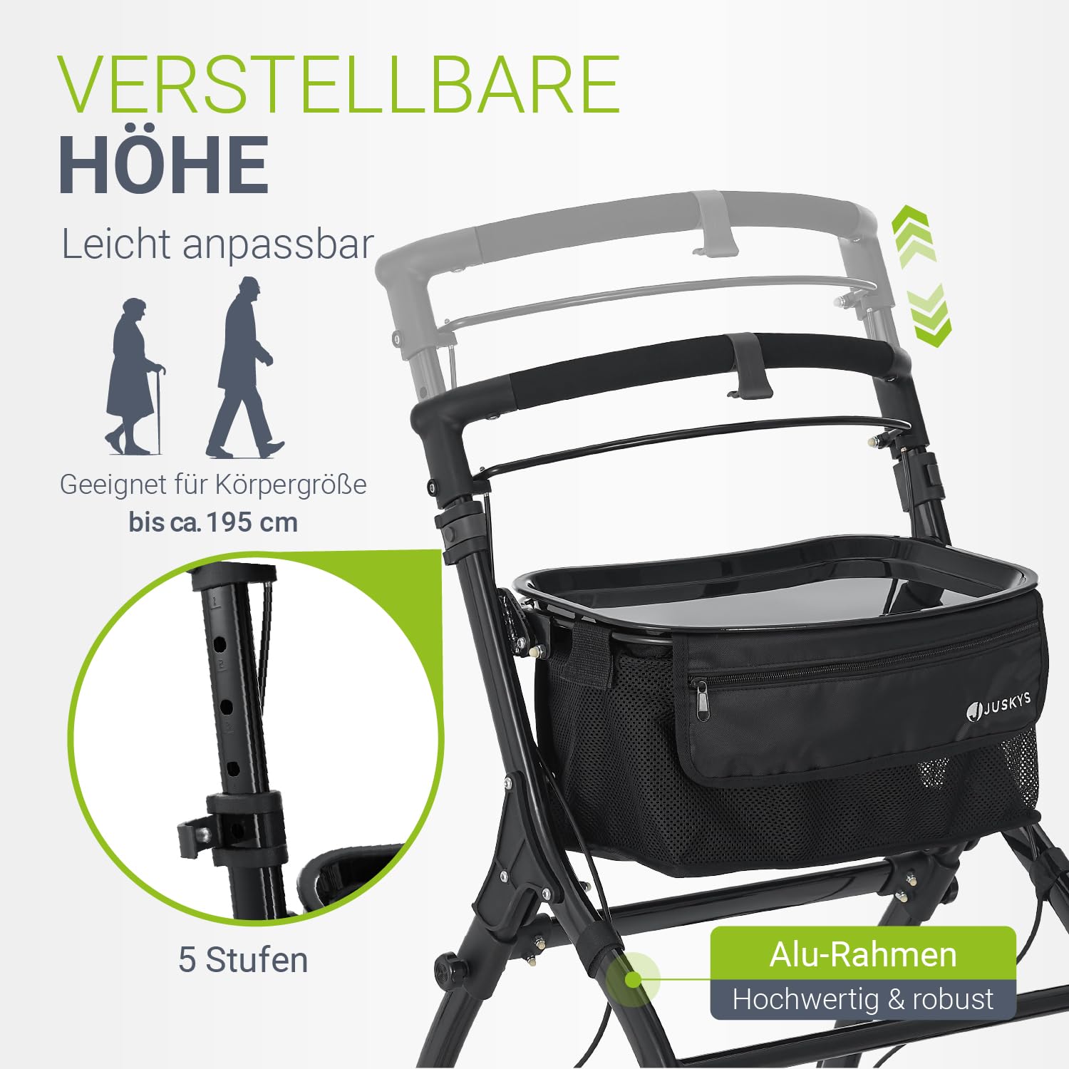 Juskys Aluminium Wohnungsrollator Aktiv mit Transporttasche & Tablett - Indoor Rollator schmal, leicht & faltbar - Gehhilfe für Senioren - Schwarz