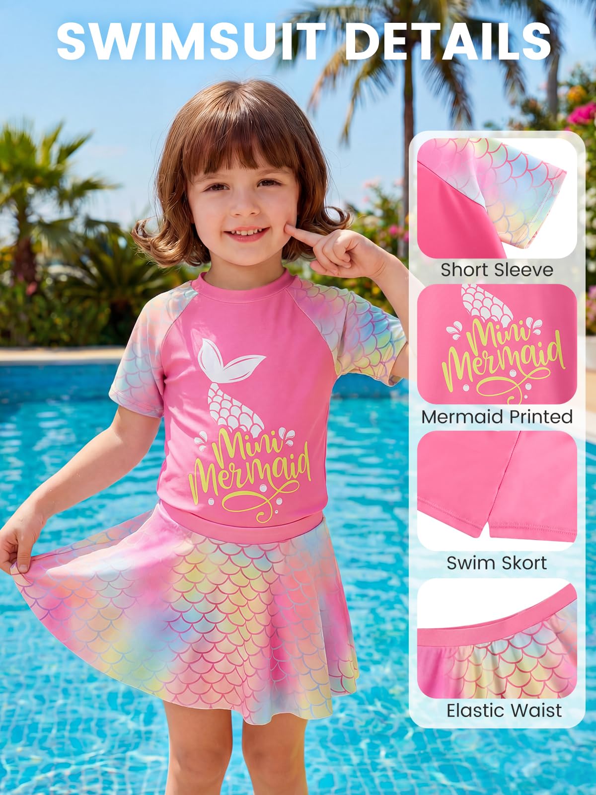 JiAmy Mädchen Badeanzug 2 Teilig, Kurzarm Schwimmshirt mit Rock Badeshorts UV Schutz Badebekleidung Kinder Mädchen Schwimmanzug Bademode 3-8 Jahren, Gr.98/122