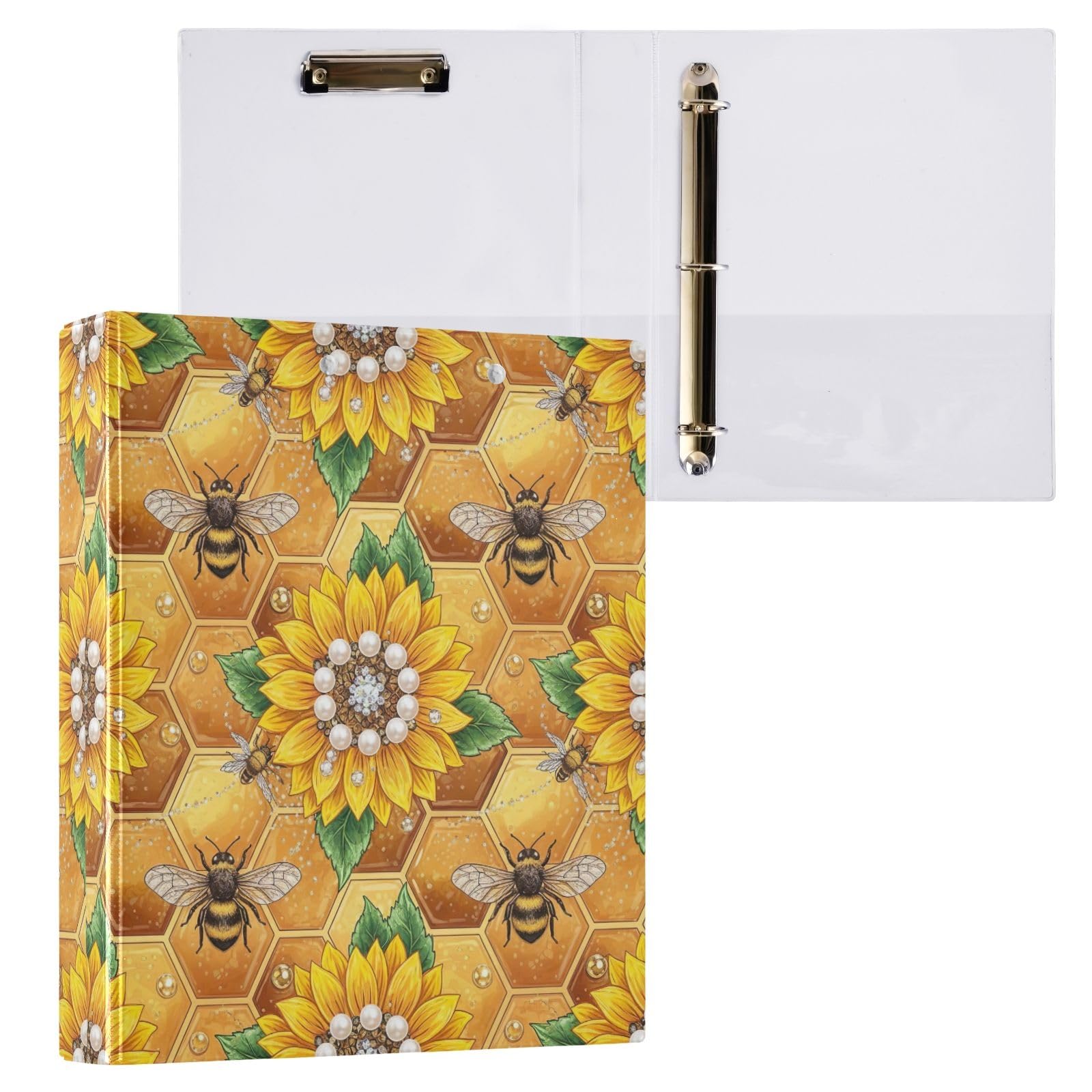 Raccoglitore a 3 anelli, confezione da 2 raccoglitori a D con api, girasoli a nido d'ape, giallo, con tasche, grandi, per scuola, università, ufficio