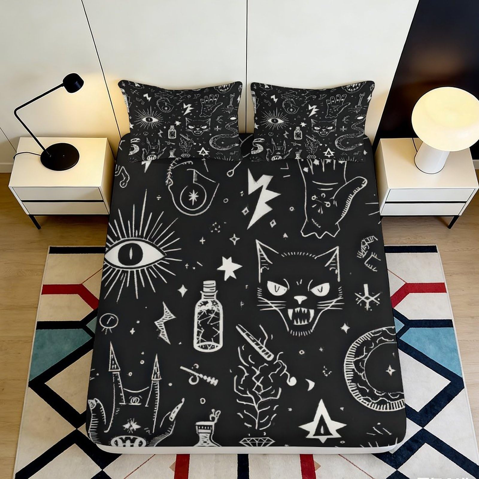 Jqzkxnhpbr Style-6 3D Printed Gothic Cat Fitted Sheet Microfiber Soft Black Witchcraft Eye Bed Cover For Bedroom Guest Room Protection Decor 90X200x25cm