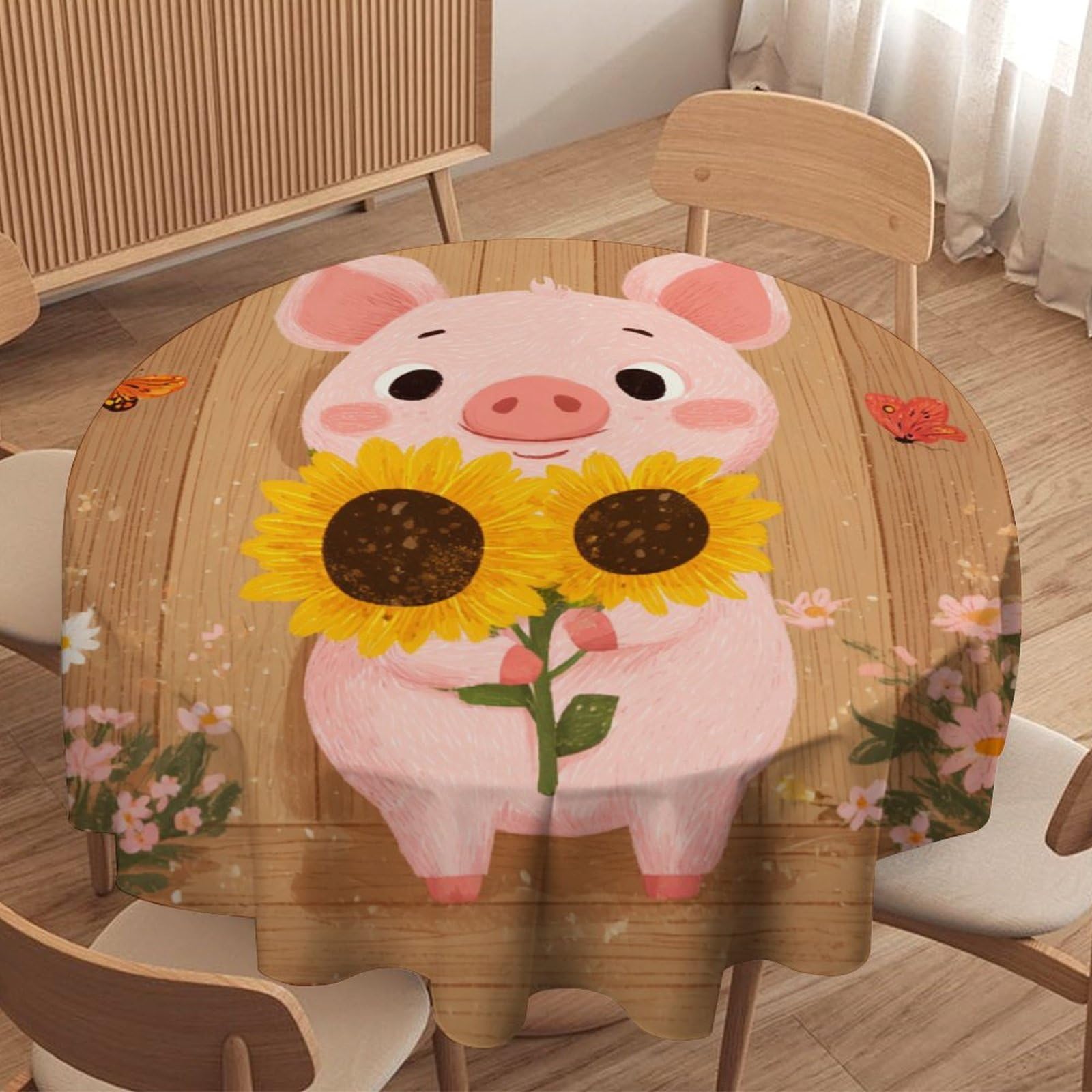 LUYYSKY Beautiful Cartoon Cute Pigs Round Tablecloth Colorful Wooden Fence Sunflowers Floral Animals Butterflies Print Washable Decor for Table Cover for Kitchen-127 Wx127 L cm