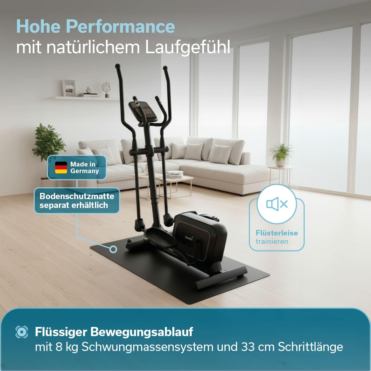 Skandika Crosstrainer für Zuhause Fint P8-R | Heimtrainer leise, 32 Stufen, 22 Programme, bis 120 kg, Kinomap App kompatibel, 8 kg Schwungmasse, Ellipsentrainer | Ellipsen Crosstrainer Fitness Sport