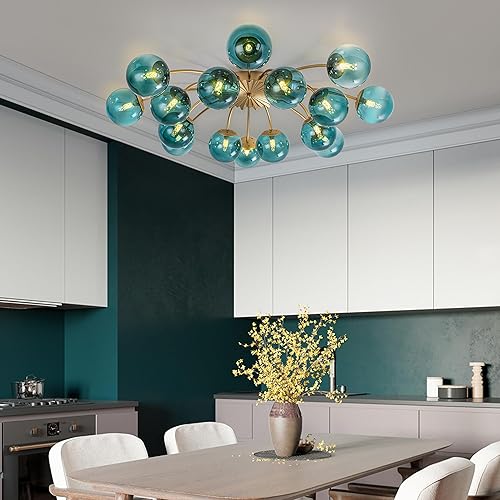 Miniatura 6 de Mid Century Gold Sputnik Chandelier 16-Light Blue Glass Globe Flush Mount Ceiling Light Fixture Blossom Accent Starburst Chandeliers Contemporary