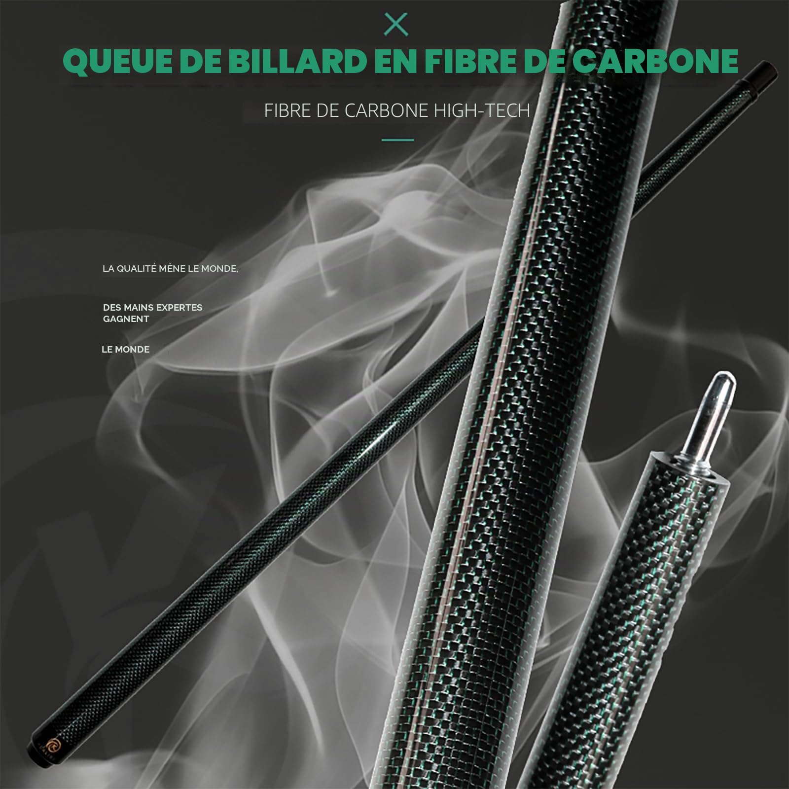 KHEALING Queue de billard en fibre de carbone de 58 pouces, structure 1/2, connecteur à 3 dents, pointe de 12,4 mm, 540-567 g, convient pour les joueurs de billard professionnels
