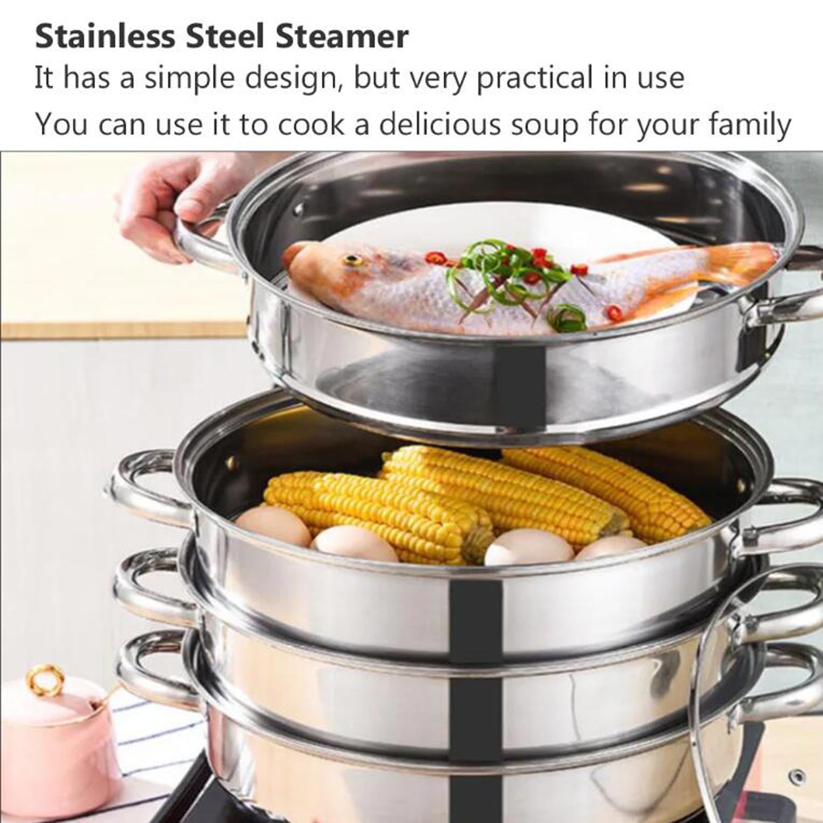 Dampfgarer aus Edelstahl mit 4 Ebenen, 28 cm/11 Zoll, stapelbarer Mehrzweck-Dampftopf, Kochgeschirr, Kochtopf für Gas- und Elektroherd