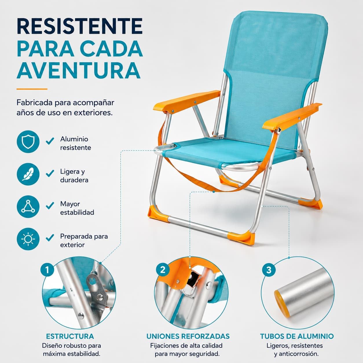 Silla de Camping para Niño Plegable - 24cm Altura Asiento - para Playa, Terraza, Jardin - Asa para Fácil Transporte y Reposabrazos - Ligera - Textileno y Aluminio - para Niños de 6 a 14 Años (Azul)