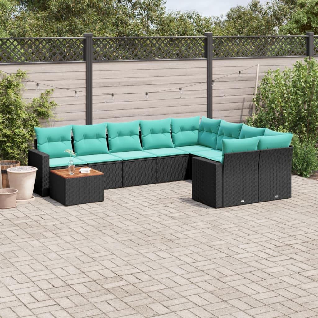 Juego de 10 sofás de jardín de ratán sintético negro con espacio de almacenamiento, juego de jardín resistente a la intemperie para terraza y balcón, incluye cojines, conjunto modular con
