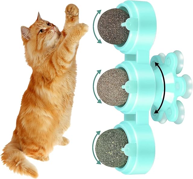 Chutoral 3in1 Windmill Catnip Balls Toy Rotatable Licking Treats Toys for Cats Cat Nip Ball Cat Toys Catnip Edible Balls Catnip Edible Wall Ball for Kitten Pink (Blue)