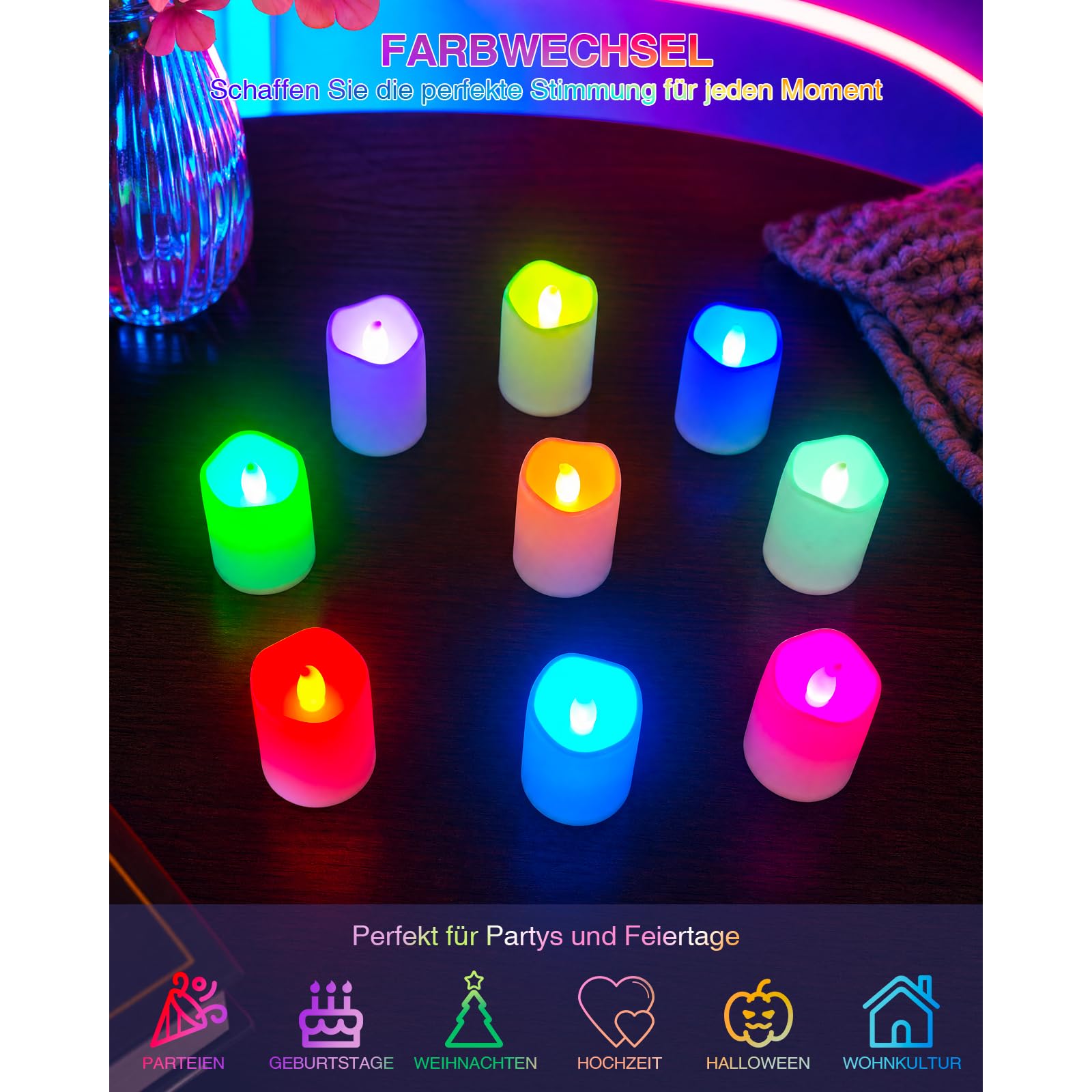 Farbwechselnde, flammenlose Kerzen mit Ladestation, LED-Teelichter, Kerzen mit Fernbedienungstimer für Feiertage, Wohnkultur, Hochzeit, Weihnachten, Halloween, 12er-Pack,Ø4.2cmx Höhe6cm