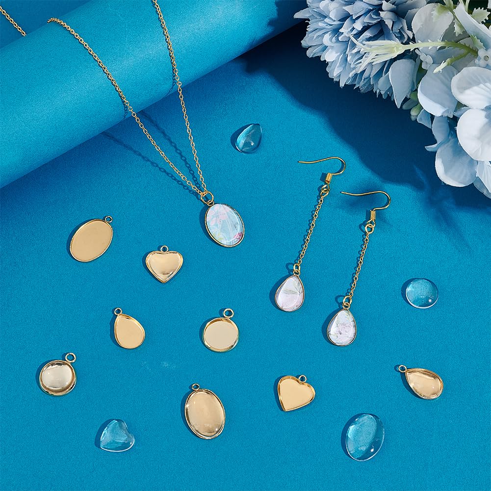 UNICRAFTALE Set 32 Pezzi Ciondolo In Acciaio Inossidabile con 4 Stili - Rotondo, Ovale, Cuore, Goccia con Lunetta Vuota e Cabochon In Vetro - Base Dorata
