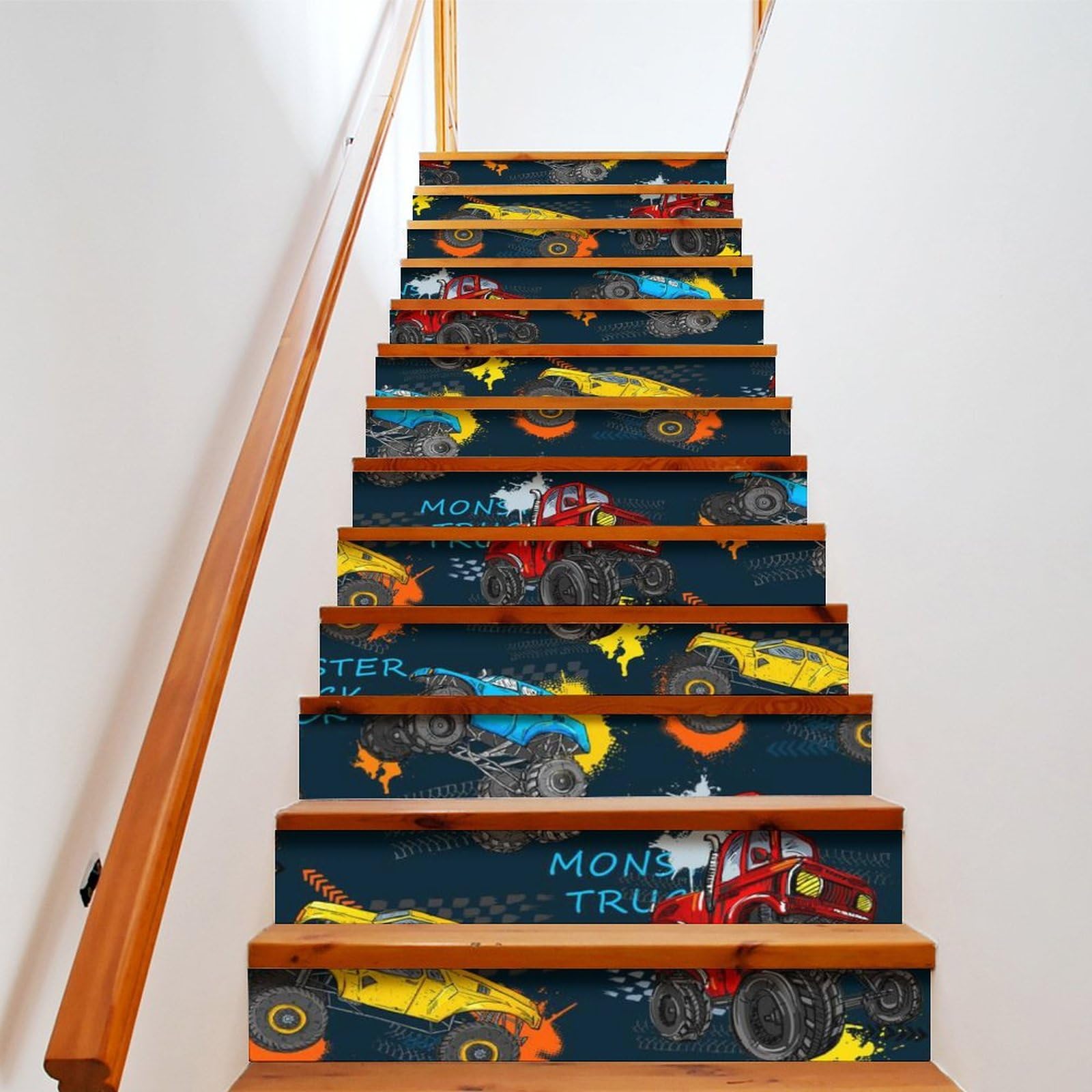 COALHO Calcomanías abstractas para escaleras Monster Truck Pegatinas de arte Decoraciones de escalera Acuarela Monster Truck Car Theme Graffiti Art Decoración del hogar 100CMx18CMx1 Set