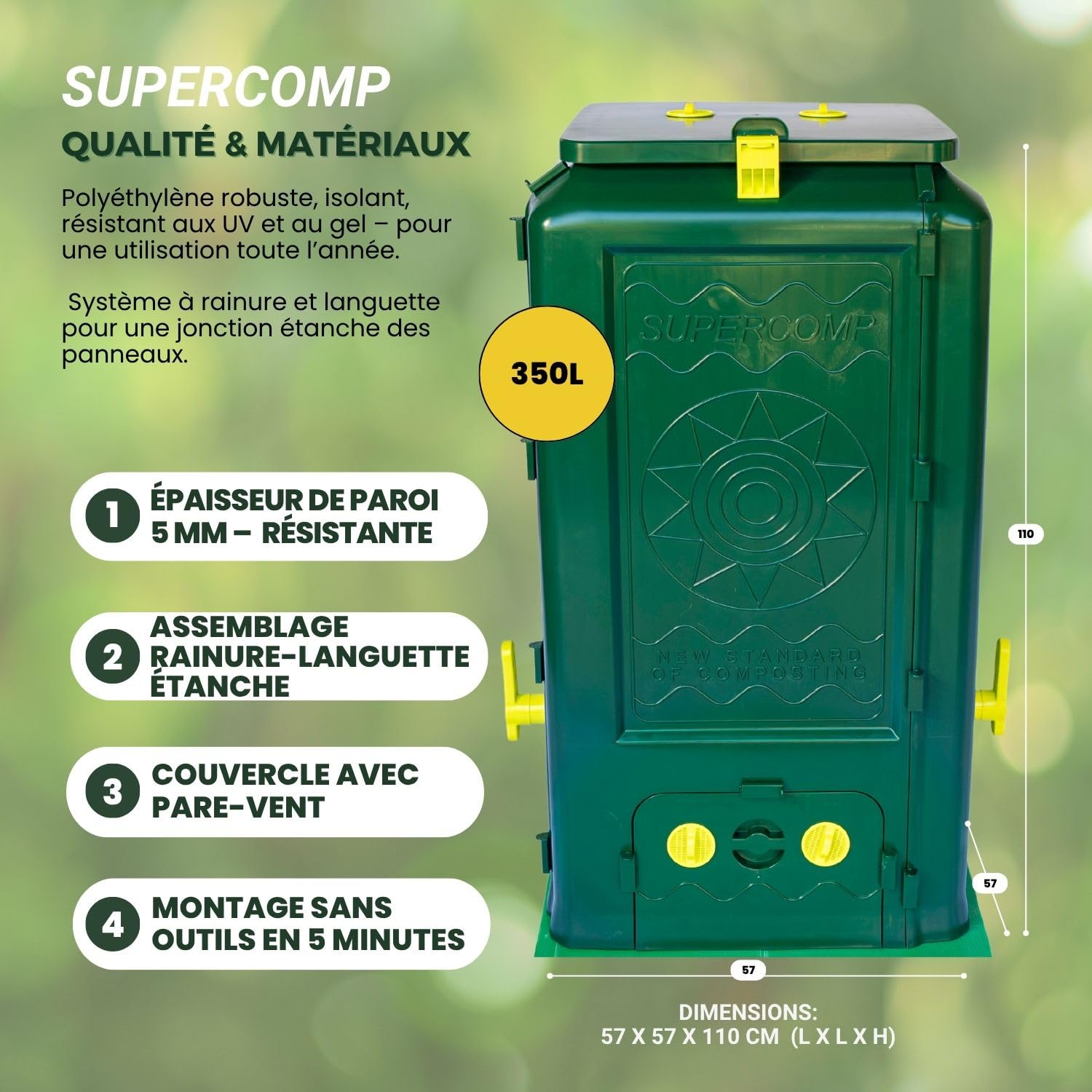 Composteur de Jardin Premium 350L – Protection Totale Anti Rat- Anti Rongeurs, sans Odeurs, Aération Verticale, Résistant aux UV et au Gel, Plateau de Base Inclus