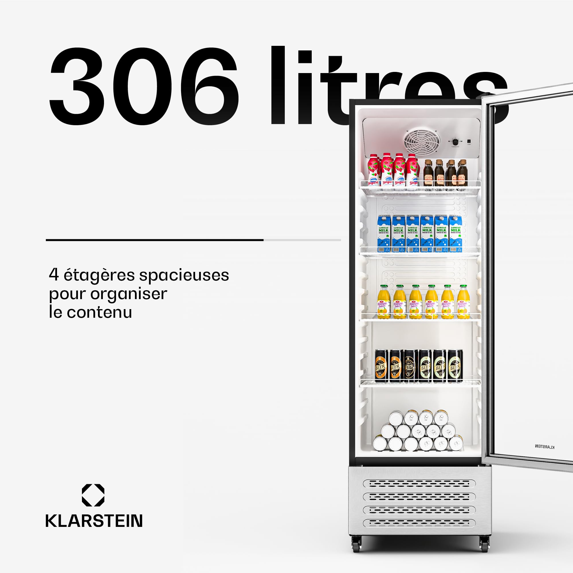 KLARSTEIN GrandCooler 306 L Réfrigérateur à Boissons - Vitrine Réfrigérée avec Porte Double Vitrage, Porte aluminium, Éclairage LED Blanc/Bleu, Thermostat 0°C à 10°C, 4 Étagères, Roues Pivotantes