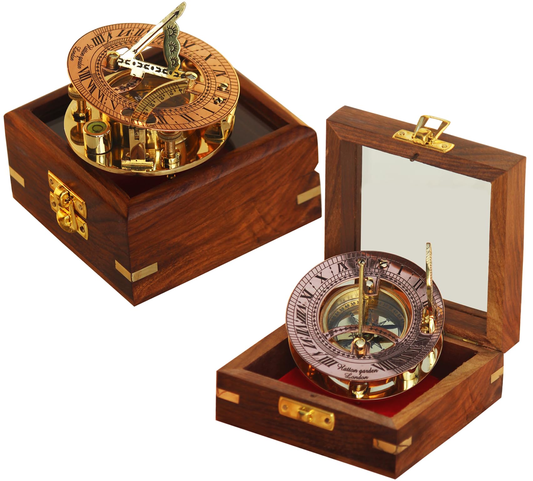 Antique Brass Handmade Sundial Compass Nautical Vintage Replica Sundial with Wooden Box.