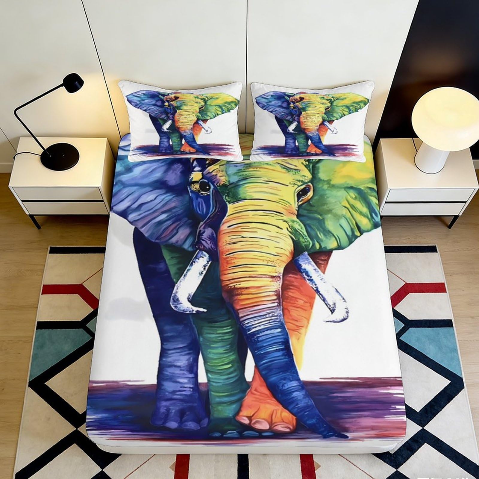 3D Printed Colorful Elephant Fitted Sheet Microfiber Soft Vibrant African Wildlife Bed Cover for Bedroom Dorm Mattress Decor 90x200x25cm