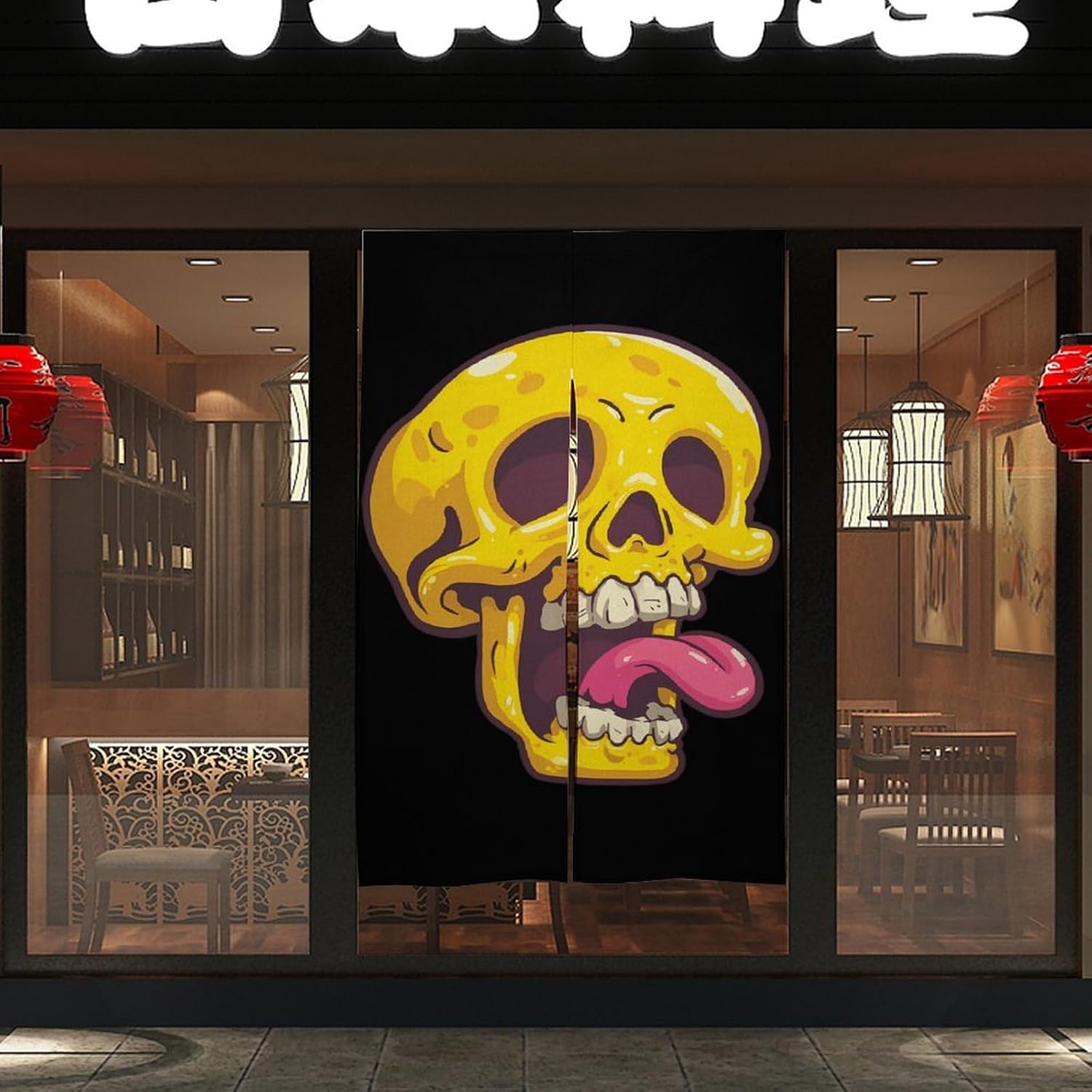 Skull Tongue Doorway Curtain Insulated Room Divider Drapes | white linen,privacy curtains