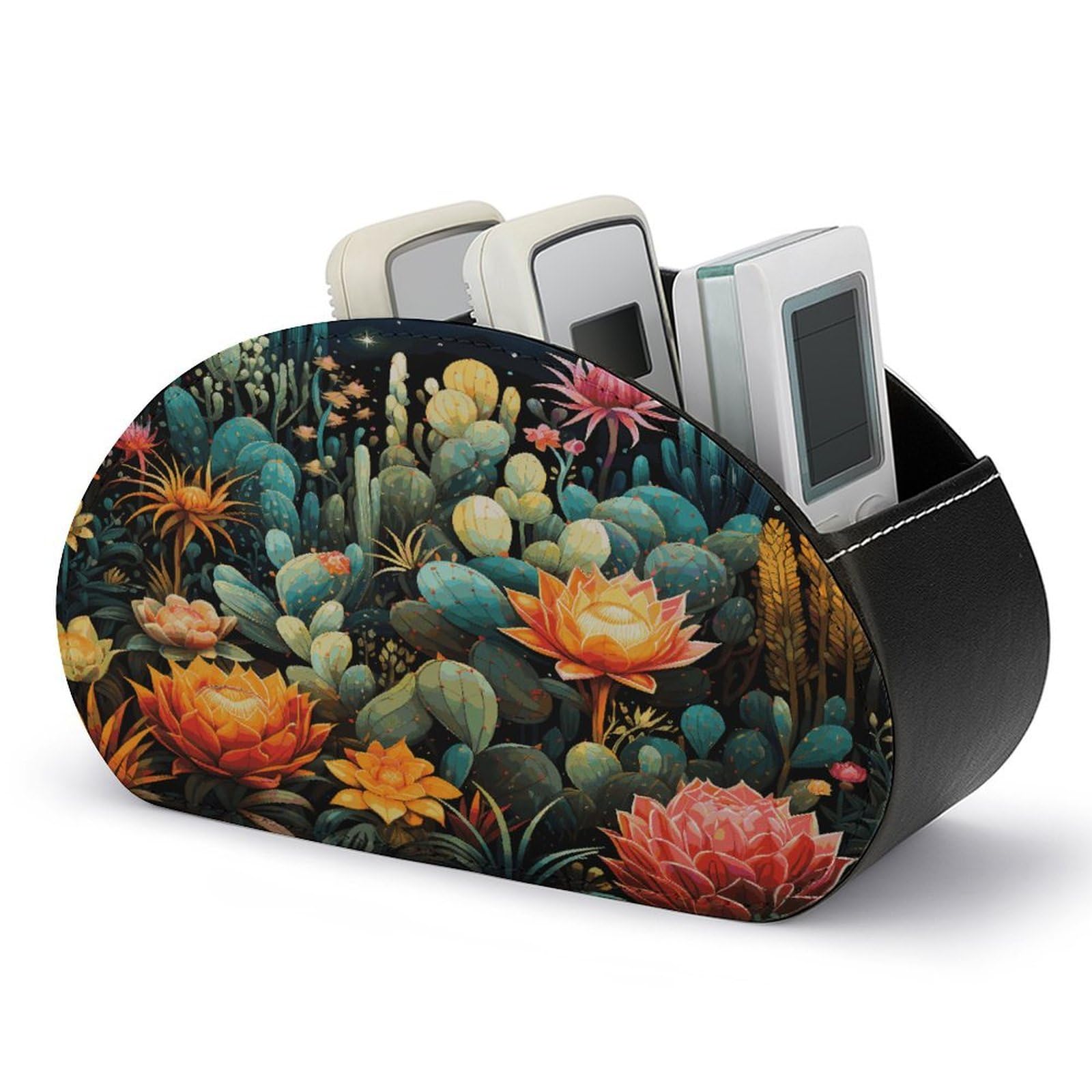 FekiLoot Colorful Cactus Pattern Remote Control Holder with 5 Compartments Multi-functional TV Remote Caddy Organizer Leather TV Remote Holder Desktop Organizer Store for Bedside Table Office Desk
