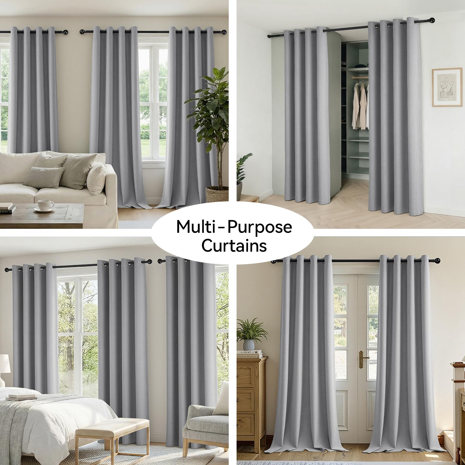 Lot de 2 rideaux occultants, 100 % occultants, aspect lin, 260 x 140 cm, gris clair, thermiques, avec œillets, pour chambre à coucher, salon, chambre d'enfant