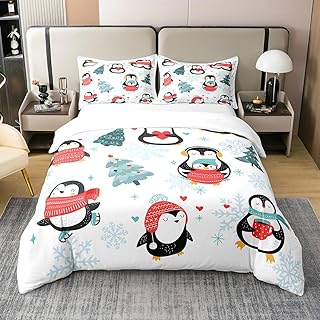 100% Nature Cotton Cartoon Penguin Duvet Cover Queen Size 3 Pcs for Children Christmas Tree Bedding Set Room Decor Gifts Winter Snowflake Happy Xmas Theme Comforter Cover,Ultra Soft