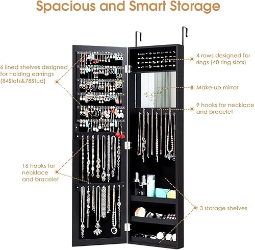 Miniatura 4 de Giantex Armario de joyería montado en la pared con espejo de longitud completa, organizador de joyas con espejo de maquillaje, ranuras para aretes