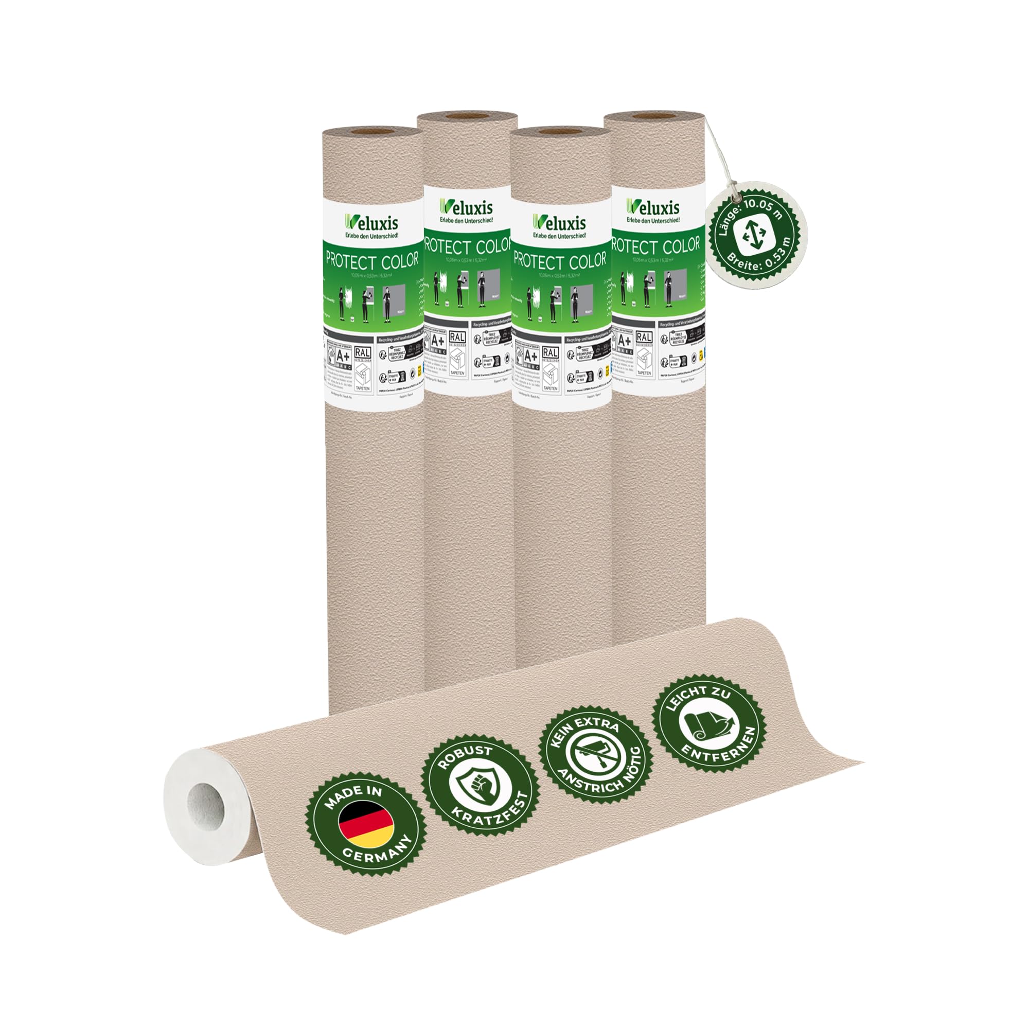 Vliestapete 4er-Set PROTECT COLOR Beige – 10,05 m × 0,53 m | kein Anstrich notwendig, kratz- & stoßfest, rissüberbrückend, Made in Germany