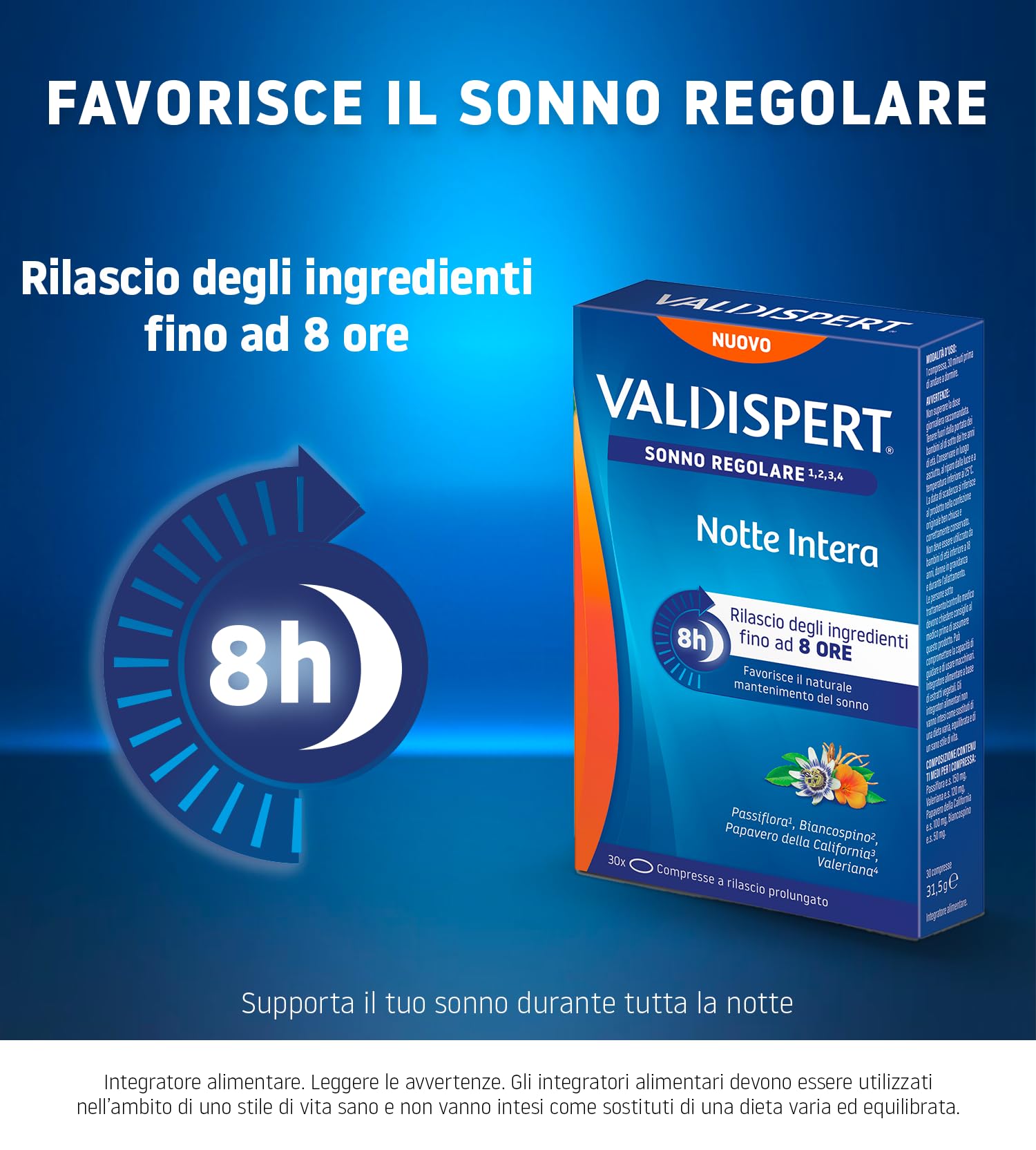 Valdispert Notte Intera, 30 Compresse a Lento Rilascio per il Sonno Regolare con Valeriana, Passiflora, Biancospino e Papavero della California, Senza Glutine e Senza Lattosio