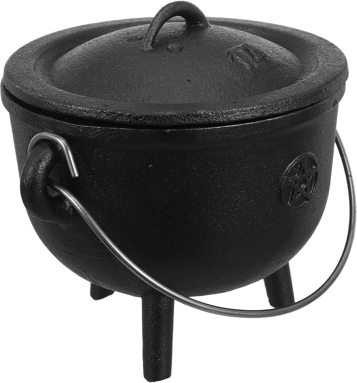 Witch Cauldron Cast Iron Pot with Lid, Handle, Pentagram Halloween