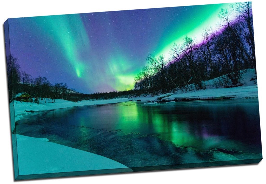 Panther Print Blue Winter River Northern Lights Aurelia Borealis Canvas Print Picture Wall Art Large 30X20 Inches (76.2Cm X 50.8Cm)