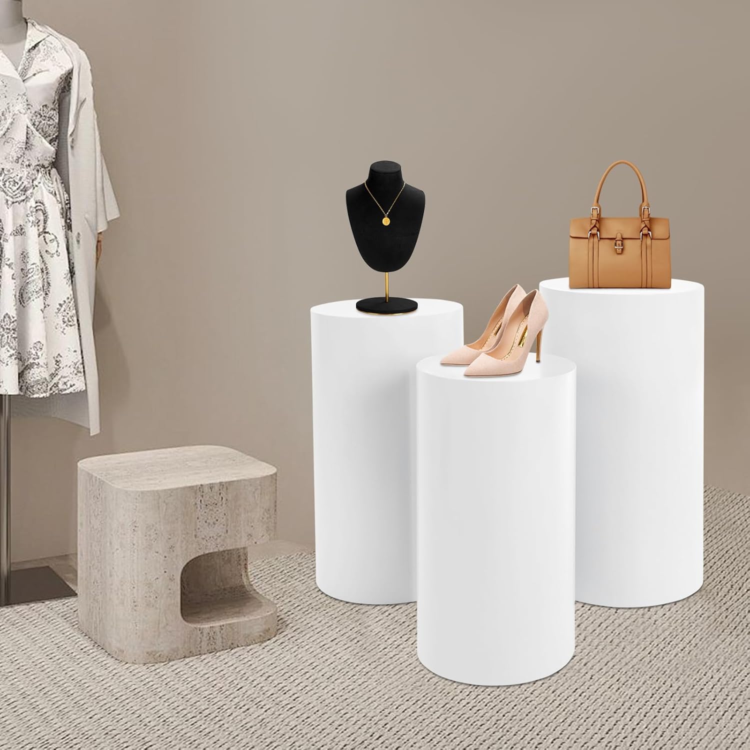 3 Pcs Cylinder Stands, Large White Cake Pedestal Tables(50cm, 55cm, 60cm), Round Reusable Dessert Display Plinth Pillars for Party Weddings or Banquets