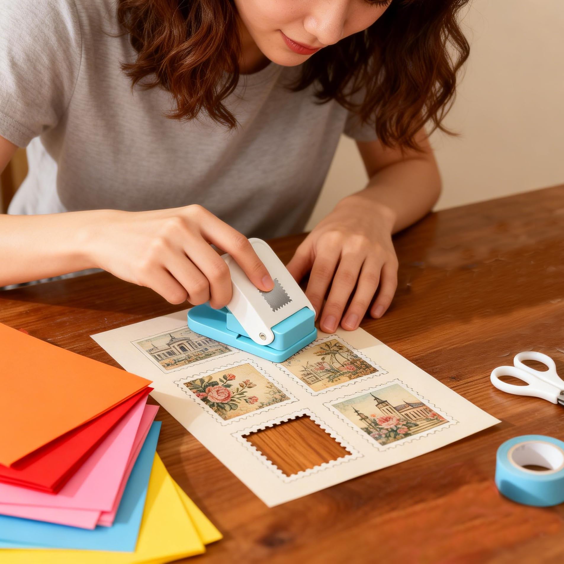 Perforadora de sellos postales, sello de acción de palanca rectangular, perforadora de papel cuadrada para manualidades de papel, álbumes de recortes, manualidades, 1 x 0.83 pulgadas rectangular