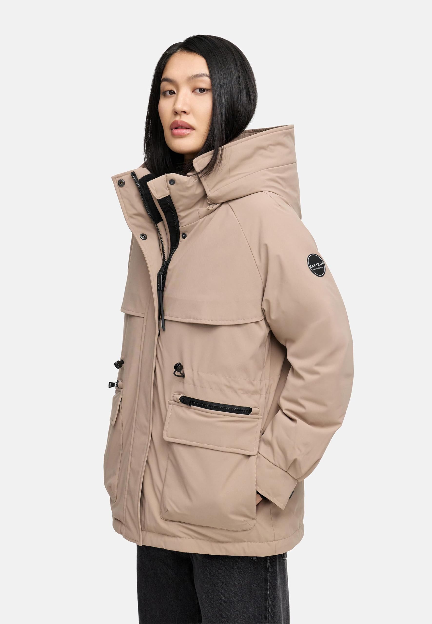 MARIKOO Damen warme Winterjacke Pufferjacke mit abnehmbarer Kapuze, magnetischen Knöpfen und Taillenzugband Shigaraa XVI S-3XL