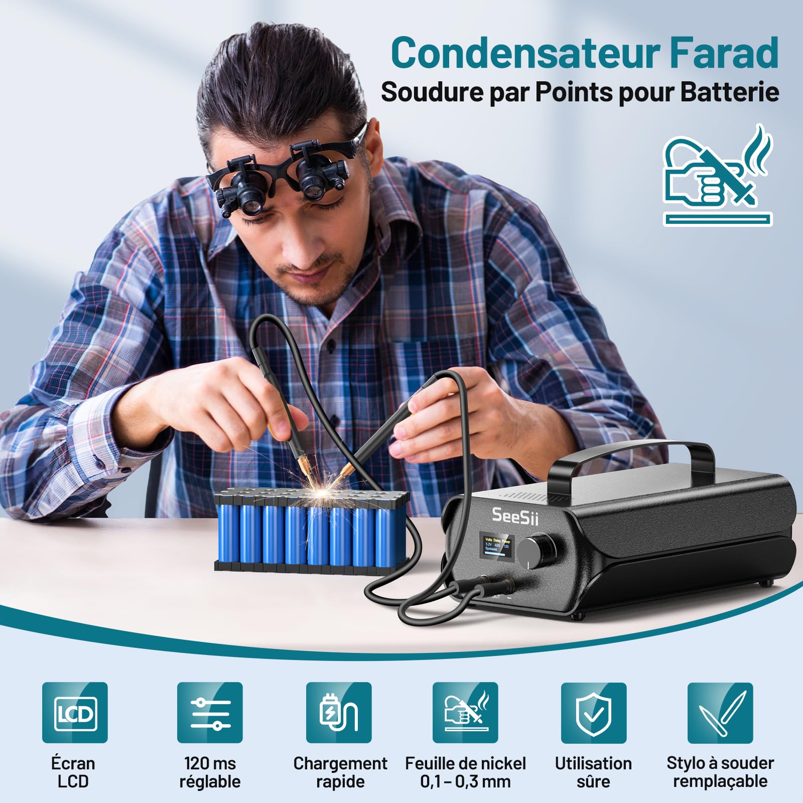 SEESII Soudeur par Points Condensateur 3000 F, Soudeuse par Point pour Batteries 120 Vitesses, Supporte Bandes de Nickel 0,1-0,3 mm