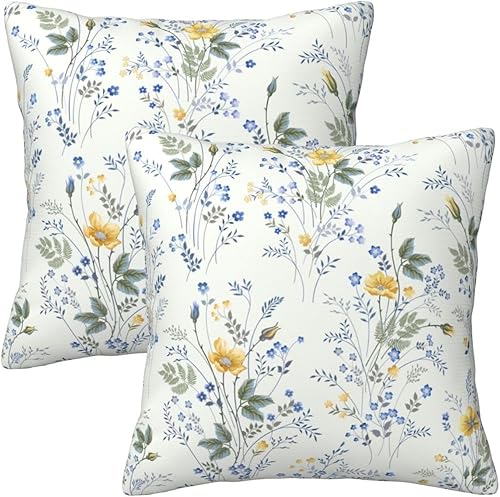 Wsunsal Juego de 2 fundas de almohada florales de primavera de 18 x 18 pulgadas fundas de almohada decorativas de flores amarillas y azules funda de