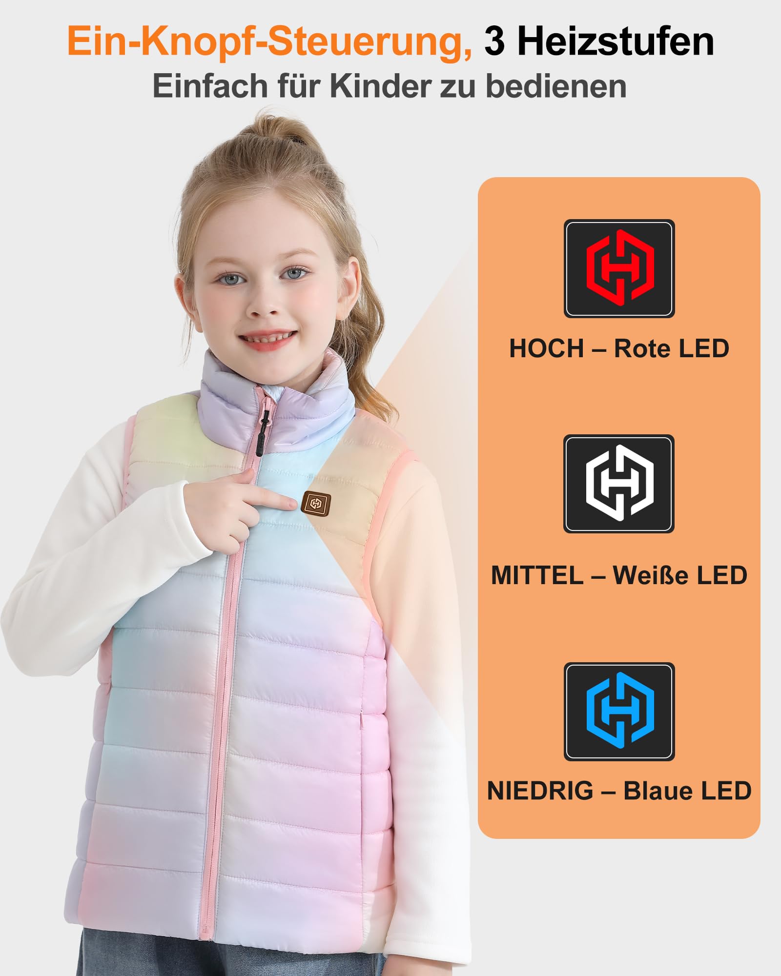 Unisex Beheizbare Weste Kinder mit Powerbank 12000mAh 7,4V, Leichte Heizweste Kinder mit 5 Heizzone, Elektrisch Heizweste Jungen und Mädchen für Outdoor