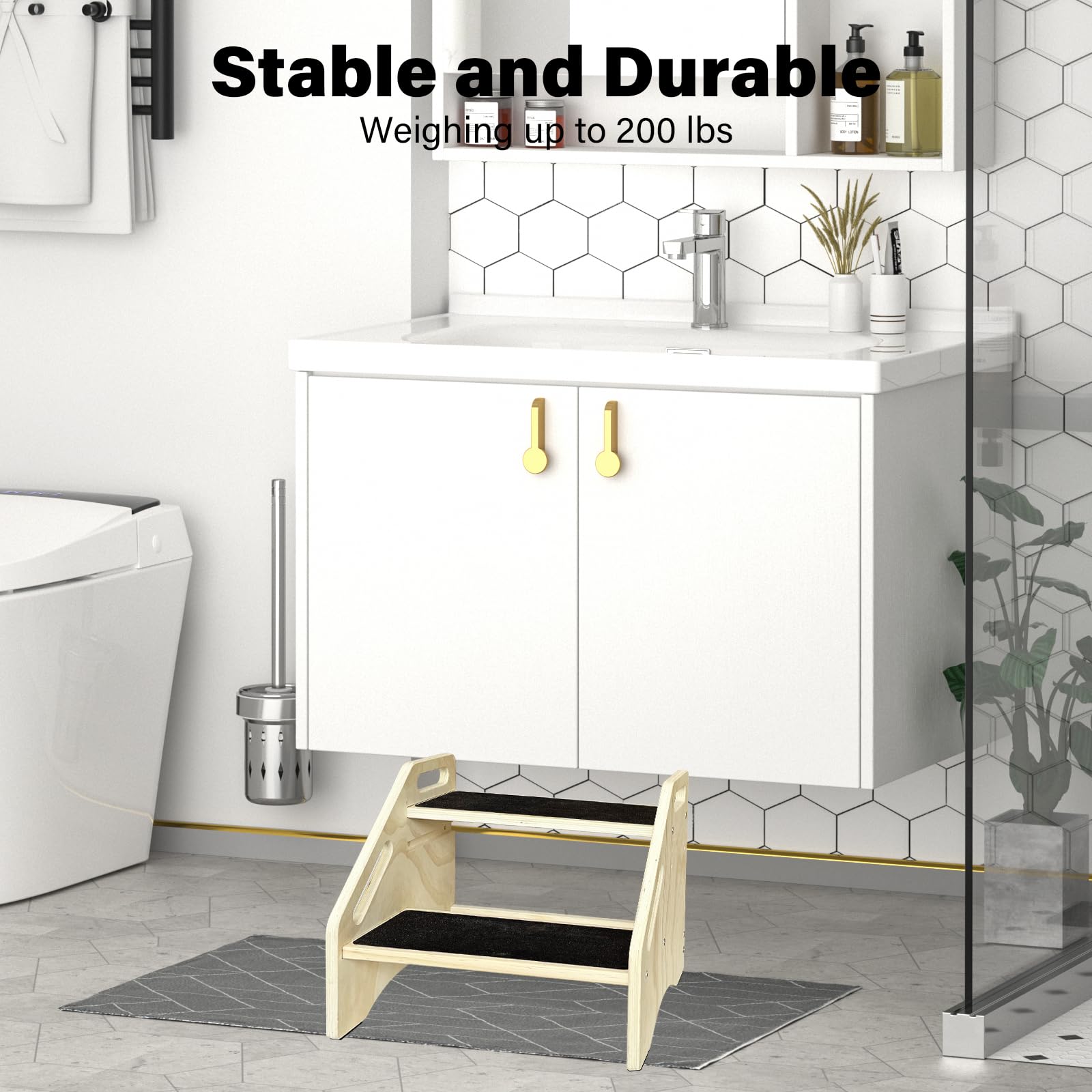 WAAYAA Wooden Step Stool,Two-Step with Non-Slip Pads and Handrails on Each Level - Safe, Sturdy and Ideal for Toddlers', Kids’ Independence