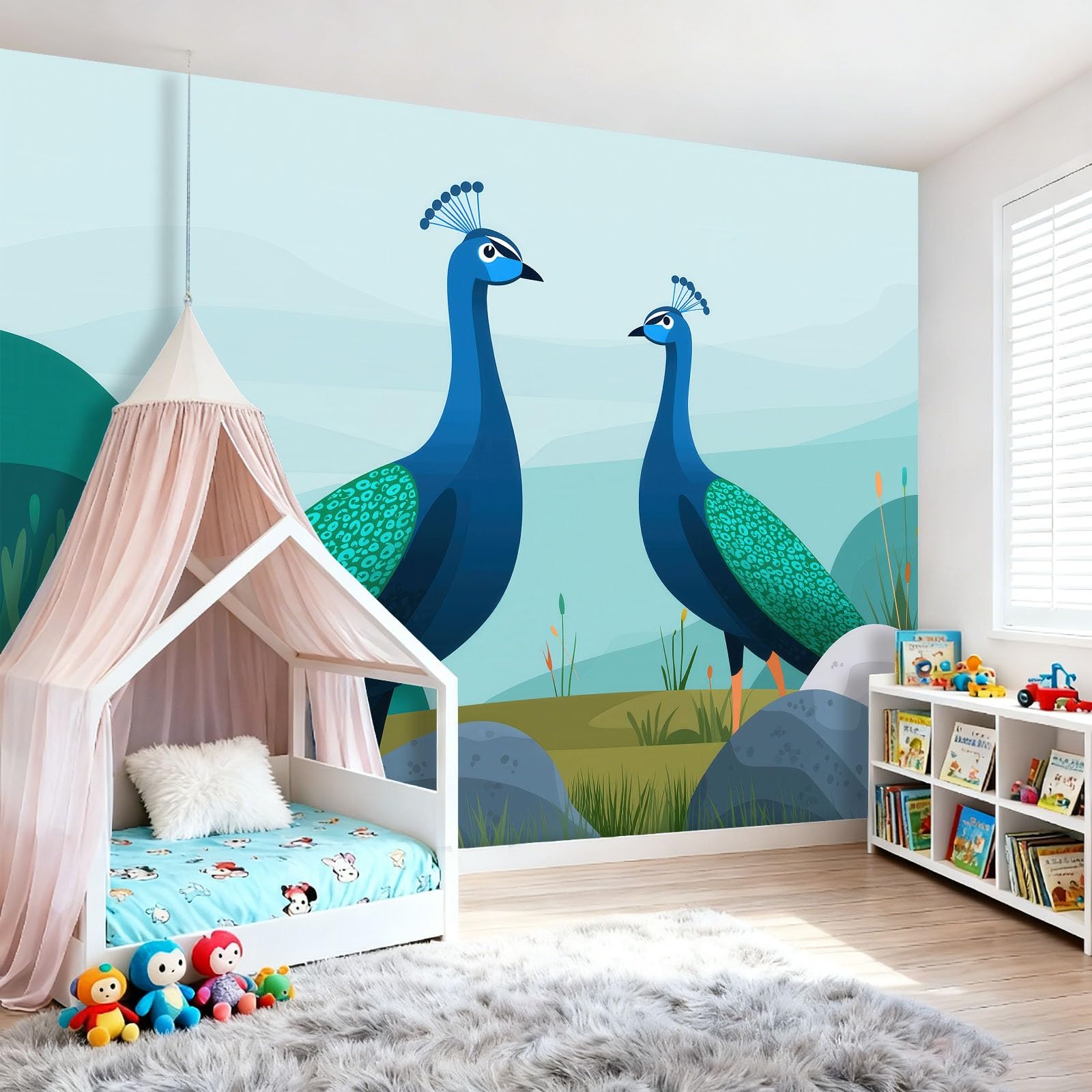 Tapeta z włókniny 200 x 140 cm, uroczy paw plakat fotograficzny na ścianę do kuchni, sypialni, restauracji, salonu, pokoju dziecięcego, dekoracja ścienna niebieski zielony