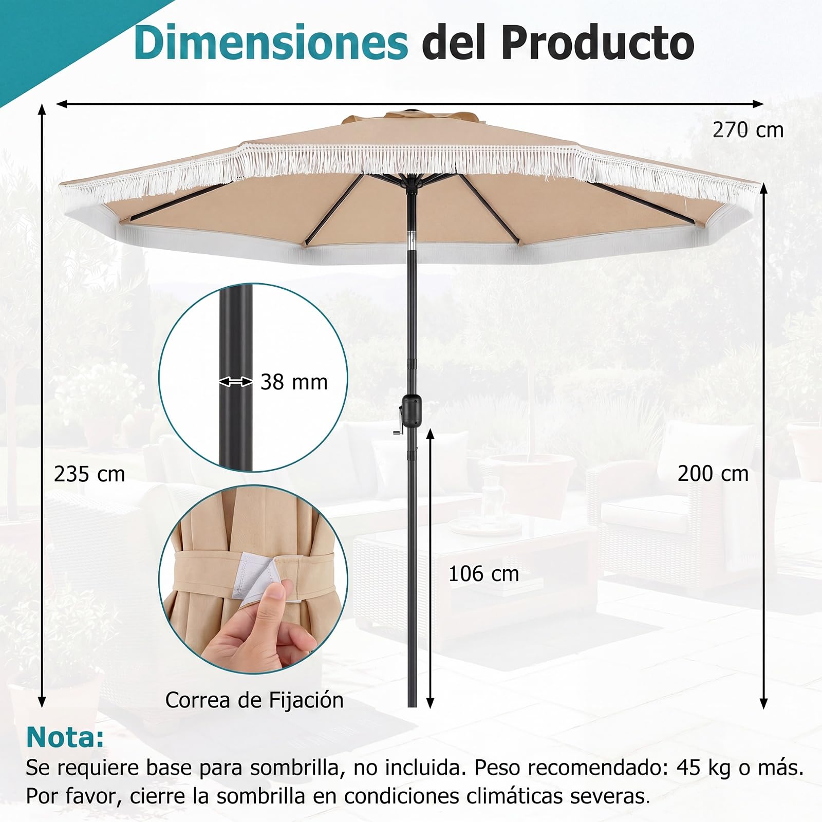 COSTWAY 270 cm Sombrilla Terraza Exterior, Parasol Reclinable de Jardín con Inclinación Bidireccional de 30°, 8 Varillas Metálicas, Manivela y Volantes/Flecos Decorativos para Patio